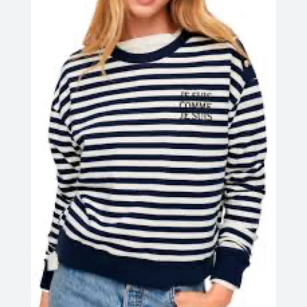 Mango Navy and White Striped Crewneck Sweater Size Small Je Suis Comme Je Suis